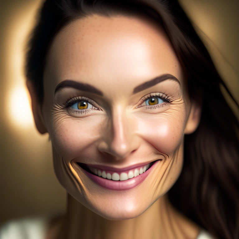 a close-up portrait of a woman in her 20s smiling confidently at the camera, showing smooth, clear skin with few wrinkles or blemishes, wearing stylish clothing that flatters her figure, realistic textures, sharp focus, DSLR photo