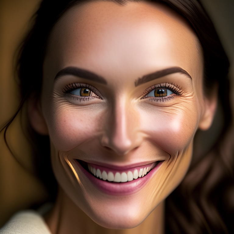 a close-up portrait of a woman in her 20s smiling confidently at the camera, showing smooth, clear skin with few wrinkles or blemishes, wearing stylish clothing that flatters her figure, realistic textures, sharp focus, DSLR photo