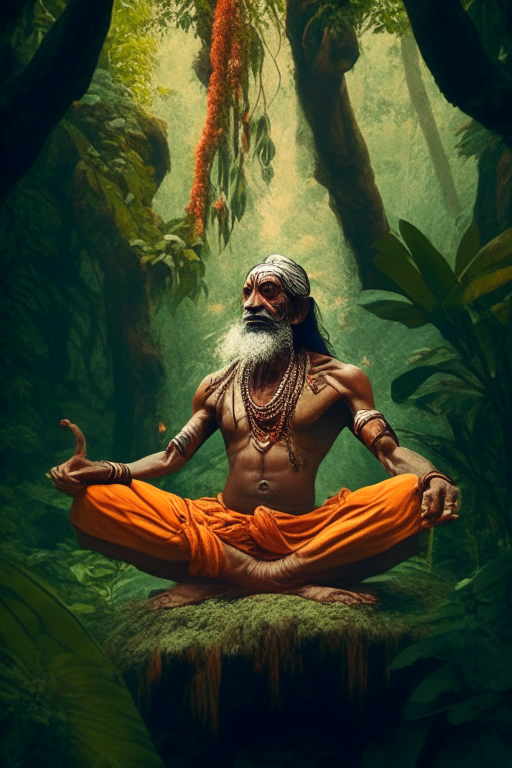 A hindu saint in jungle doing yoga