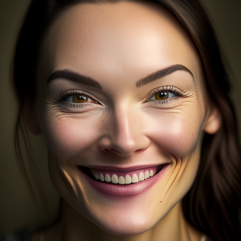 a close-up portrait of a woman in her 20s smiling with her mouth closed, showing smooth, clear skin with few wrinkles or blemishes, wearing stylish clothing that flatters her figure, realistic textures, sharp focus, DSLR photo