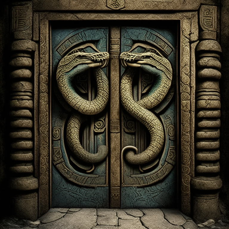 A old temple door with two snakes symbol