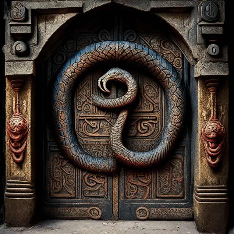 A old temple door with two hindu snakes symbol