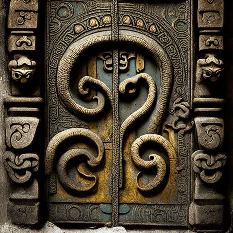 A old hindu temple door with two snakes symbol