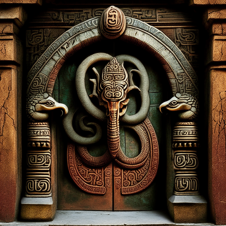 A hindu temple door with two snakes symbol as warning