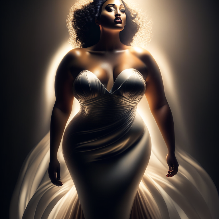 a stunning portrait of a curvaceous woman in a form-fitting dress, radiating sophistication, allure and confidence, high fashion photography, dramatic lighting, 8k ultra-hd