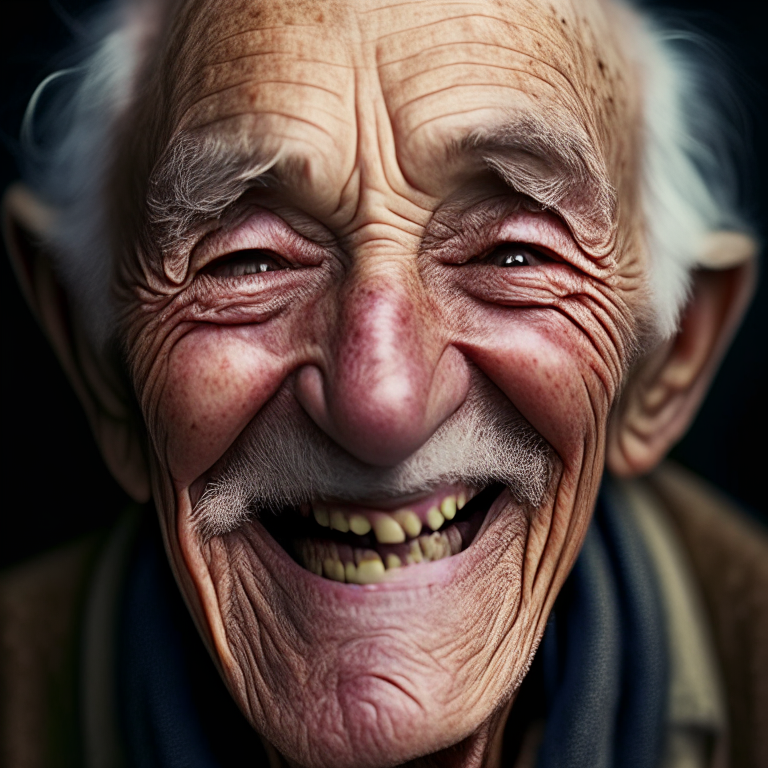 a close-up portrait of an elderly man smiling widely to show his toothless gums, wrinkled skin, grey hair, realistic textures, sharp focus, DSLR photo