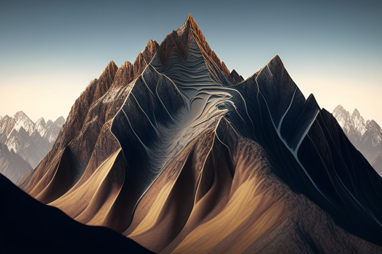 a charango-shaped mountain with a rounded bottom, pointed top, ridges representing strings, situated in a landscape with other mountains in the background, realistic textures, 8k ultra-hd