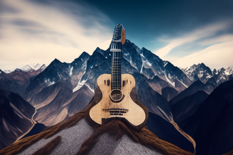 a double exposure photograph showing a charango musical instrument overlaid on top of the Andes mountain range in South America, realistic textures, 8k ultra-hd