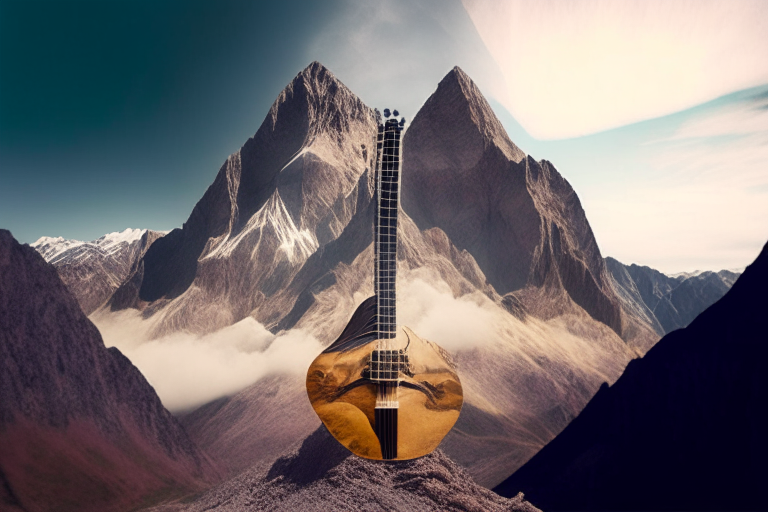 a surreal and absurd double exposure photograph showing an enormous charango musical instrument that towers over the Andes mountain range in South America, the strings of the charango become valleys within the Andes, the body of the charango fuses and blends into the mountains, soft dreamlike colors with a lack of normal perspective, 8k ultra-hd surreal