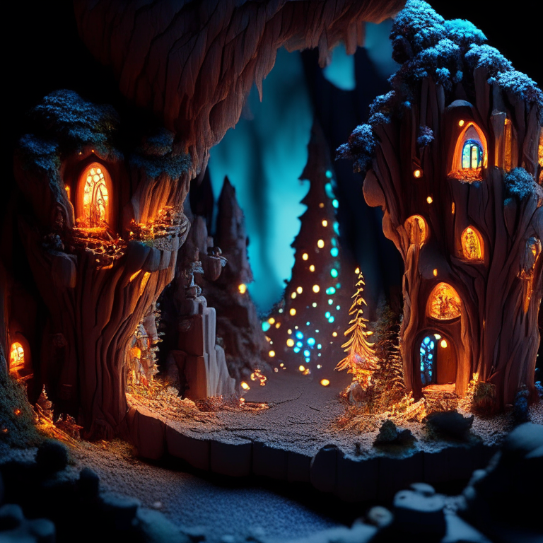 vast fantasy forest, model city, rock nether portal, christmas lights, micro machines