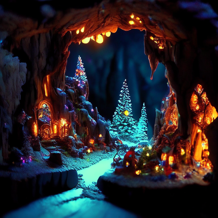 vast fantasy forest, model city, rock nether portal, christmas lights, micro machines