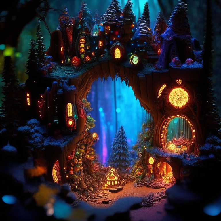 vast fantasy forest, model city, rock nether portal, christmas lights, micro machines gears
