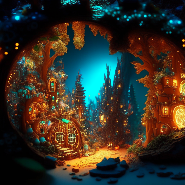 vast fantasy forest, model city, rock nether portal, christmas lights, micro machines gears, daytime sunny
