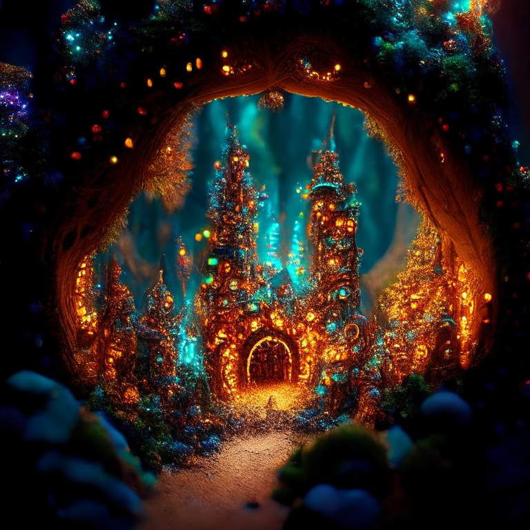 vast fantasy forest, model city, rock nether portal, christmas lights, micro machines gears, daytime sunny
