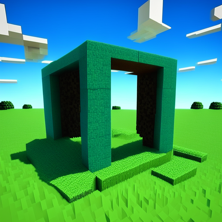 minecraft blue sky green grass, clay popup model, various nether portals, 2 portals