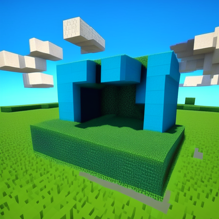 minecraft blue sky green grass, clay popup model, various nether portals, 2 portals