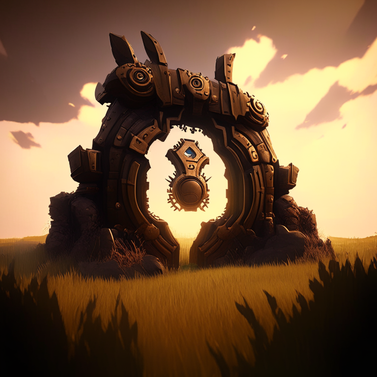 steampunk armored, nether portal, roblox, grass, sky, nether portals, 8k, brown tone
