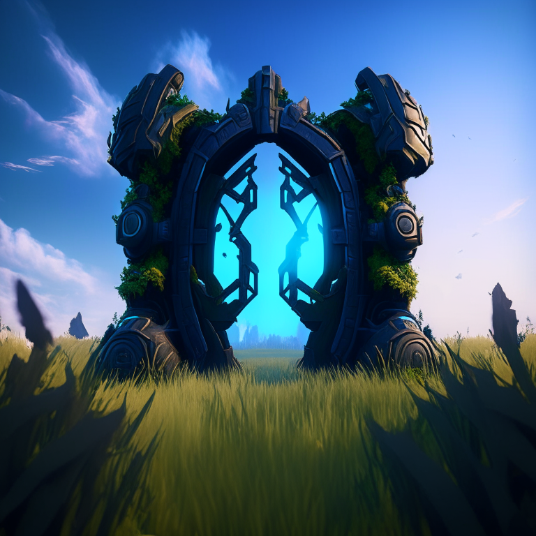 steampunk armored, nether portal, roblox, grass, sky, nether portals, 8k, blue tone
