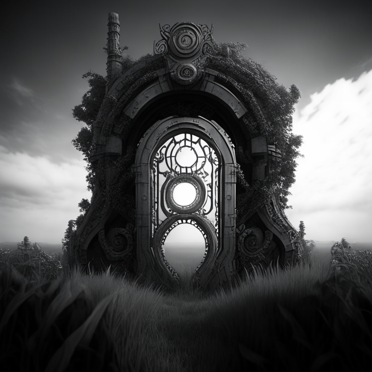 steampunk armored, nether portal, hedge maze, grass, sky, nether portals, 8k, grey tone
