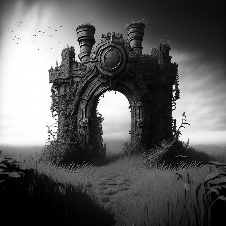 steampunk armored, nether portal, ruined castle, hedge maze, grass, sky, nether portals, 8k, grey tone
