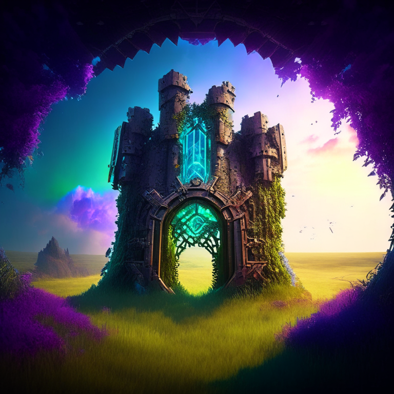 steampunk armored, nether portal, ruined castle, hedge maze, grass, sky, nether portals, 8k, prismatic, rainbow
