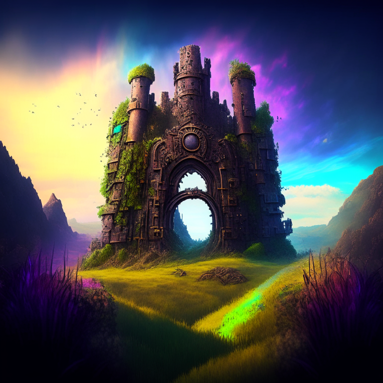 steampunk armored, nether portal, mountainous ruined castle, hedge maze, grass, sky, nether portals, 8k, prismatic, rainbow
