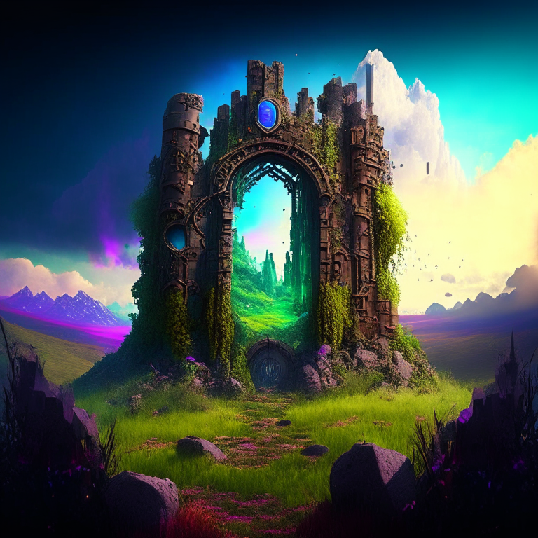 steampunk armored, nether portal, mountainous ruined castle, hedge maze, grass, sky, nether portals, 8k, prismatic, rainbow
