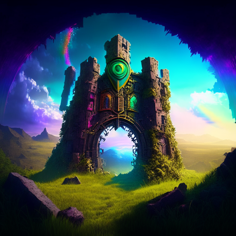 steampunk armored, nether portal, mountainous ruined castle, hedge maze, grass, sky, nether portals, 8k, prismatic, rainbow
