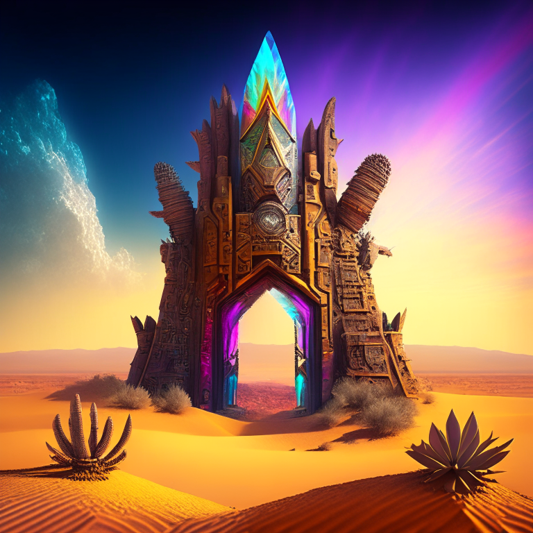 steampunk armored, nether portal, desert pyramid castle, cactus, sky, nether portals, 8k, prismatic, rainbow
