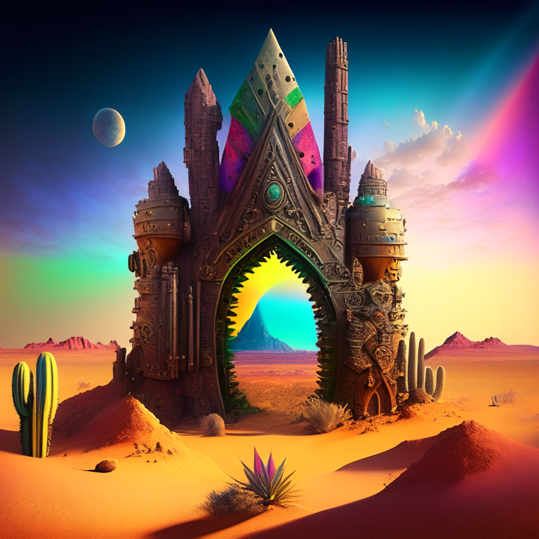 steampunk armored, nether portal, desert pyramid castle, cactus, sky, nether portals, 8k, prismatic, rainbow
