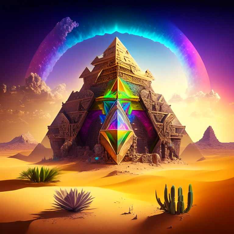 steampunk armored, nether portal, desert pyramid castle, cactus, sky, nether portals, 8k, prismatic, rainbow, giant pyramid background
