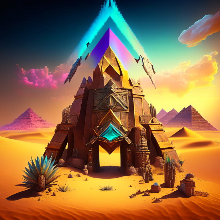 steampunk armored, nether portal, desert pyramid castle, cactus, sky, nether portals, 8k, prismatic, rainbow, giant pyramid background
