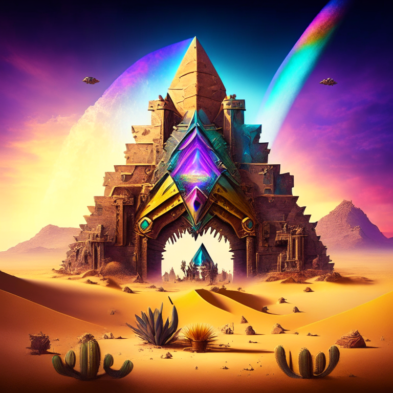 steampunk armored, nether portal, desert pyramid castle, cactus, sky, nether portals, 8k, prismatic, rainbow, giant pyramid background
