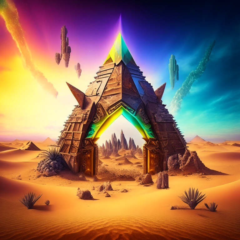 steampunk armored, nether portal, desert pyramid castle, cactus, sky, nether portals, 8k, prismatic, rainbow, giant pyramid background
