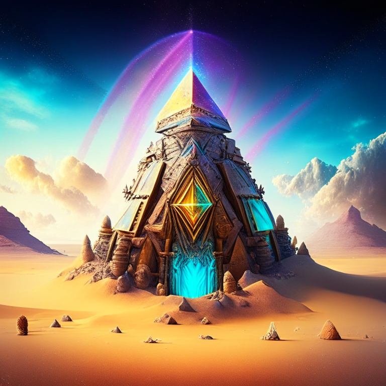 steampunk armored, nether portal, snow desert pyramid castle, cactus, sky, nether portals, 8k, prismatic, rainbow, snow giant pyramid background
