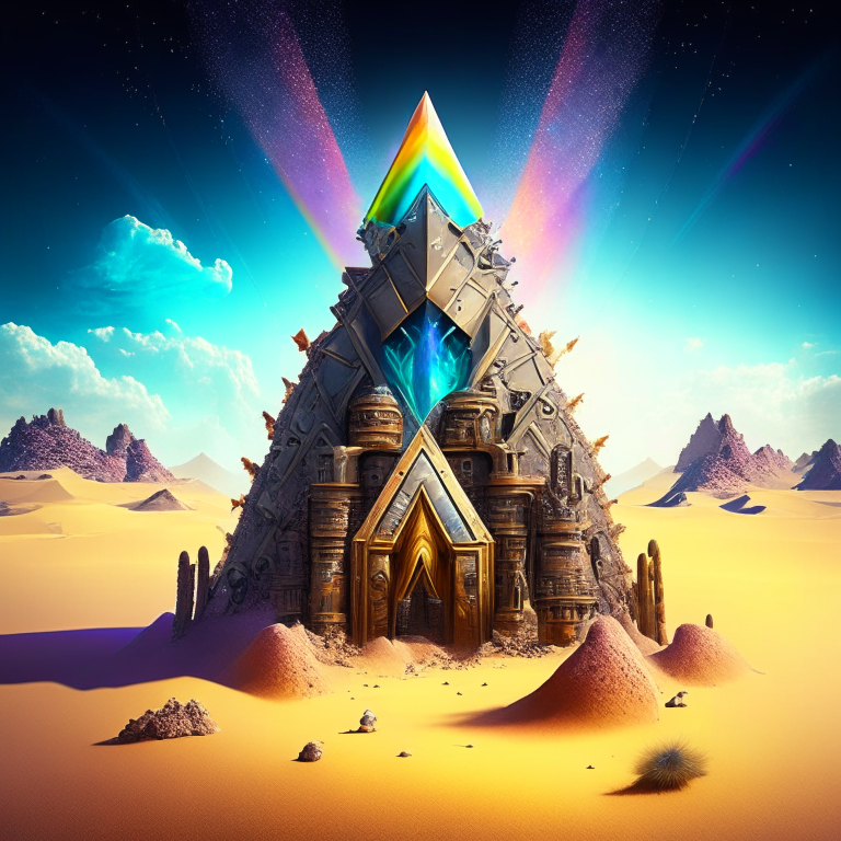 steampunk armored, nether portal, snow desert pyramid castle, cactus, sky, nether portals, 8k, prismatic, rainbow, snow giant pyramid background
