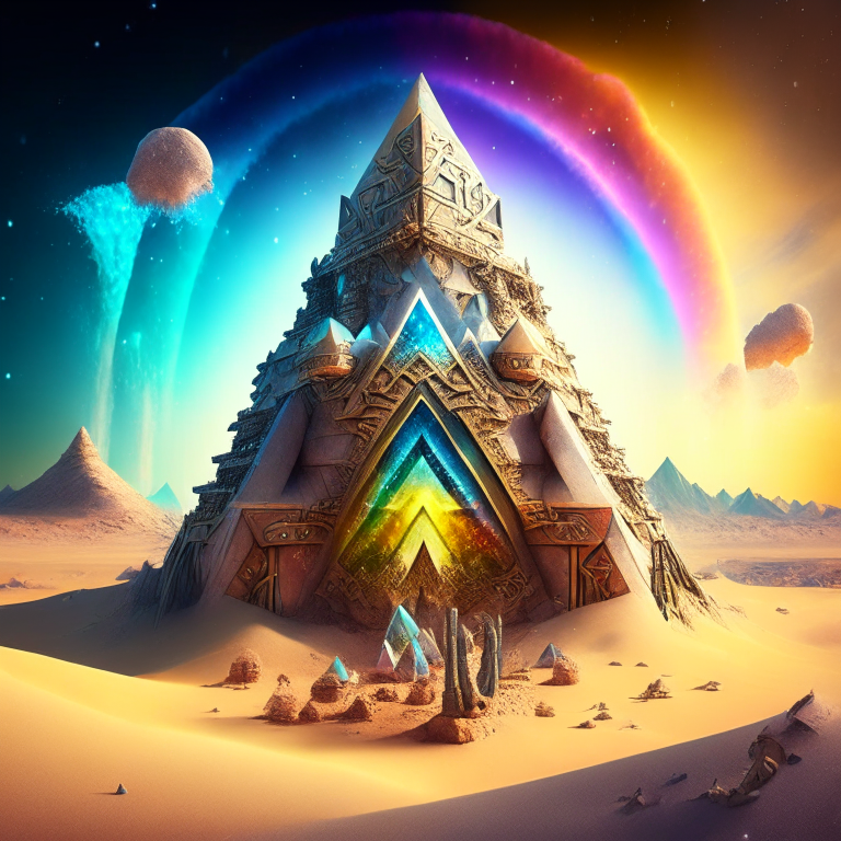 steampunk armored, nether portal, snow desert pyramid castle, cactus, sky, nether portals, 8k, prismatic, rainbow, snow giant pyramid background
