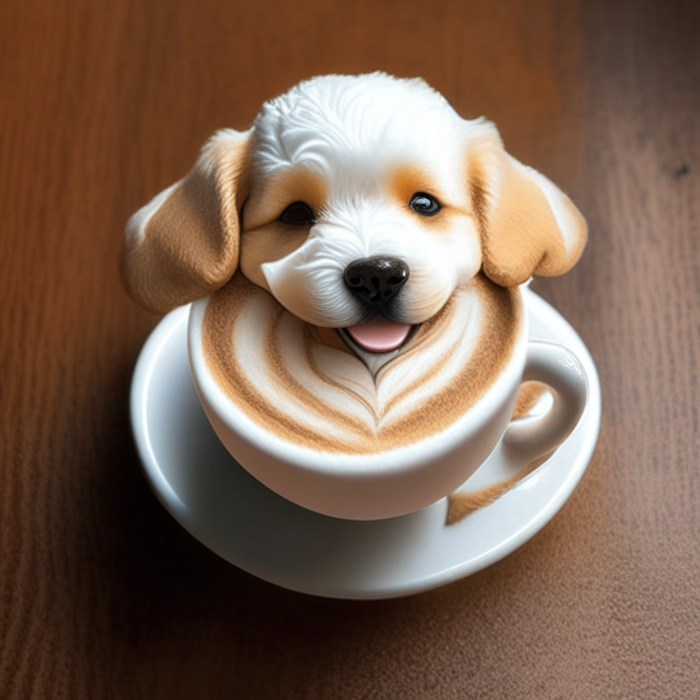 a happy puppy drinking a latte with heart-shaped foam art