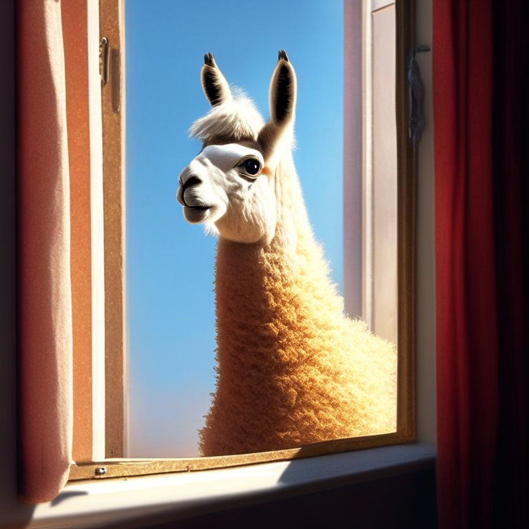 a curious llama named Llama Lulu looking out a window at a sunny day