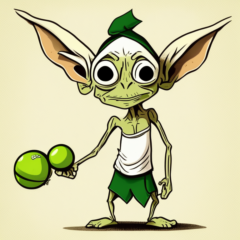 a cartoon elf with big ears and tennis ball eyes, wearing a tea towel as a loincloth