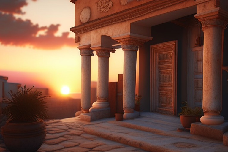 Exterior decor greece antique sunset ultra realistic, 4k, cinemetic, 