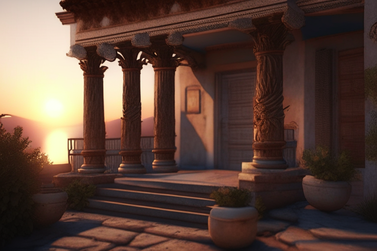 Exterior decor greece antique sunset ultra realistic, 4k, cinemetic, 