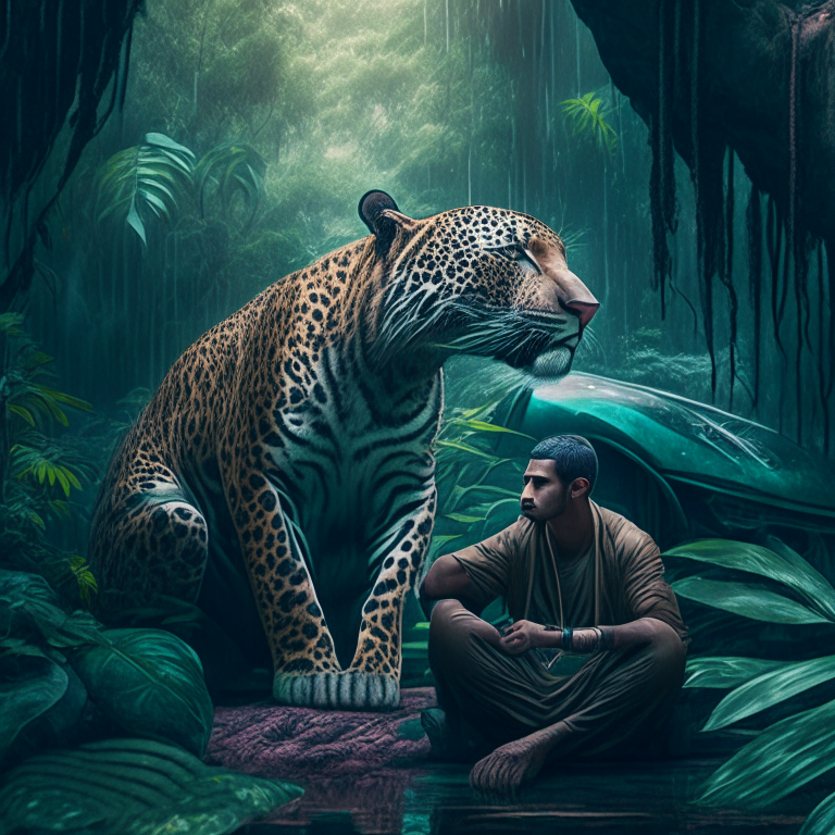 Philosopher meditating in front of a jaguar deep inside a rain forest hyperrealistic 8k