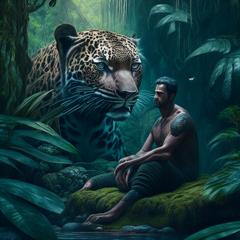 stoic Philosopher meditating in front of a jaguar hidden inside of the brush deep inside a spiritual rainforest hyperrealistic 8k