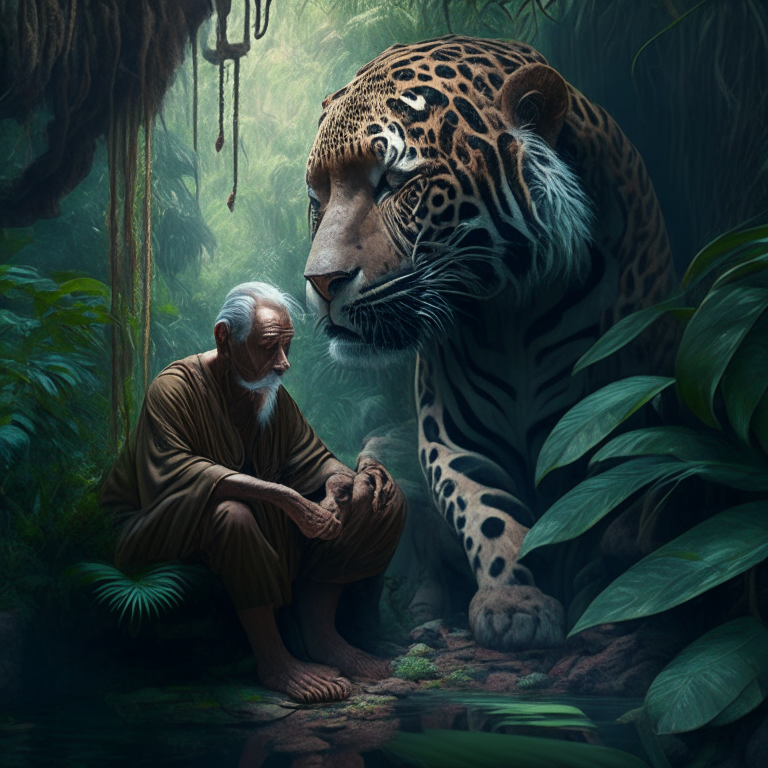 old stoic Philosopher meditating in front of a jaguar hidden inside of the brush deep inside a spiritual rainforest hyperrealistic 8k