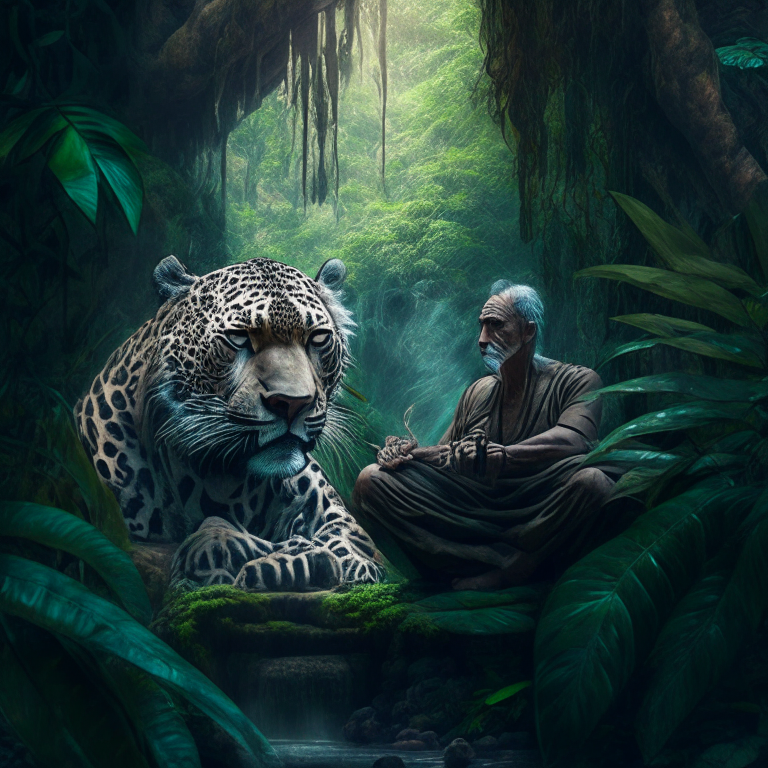 old stoic Philosopher meditating in front of a jaguar spirit hidden inside of the brush deep inside a spiritual rainforest hyperrealistic 8k