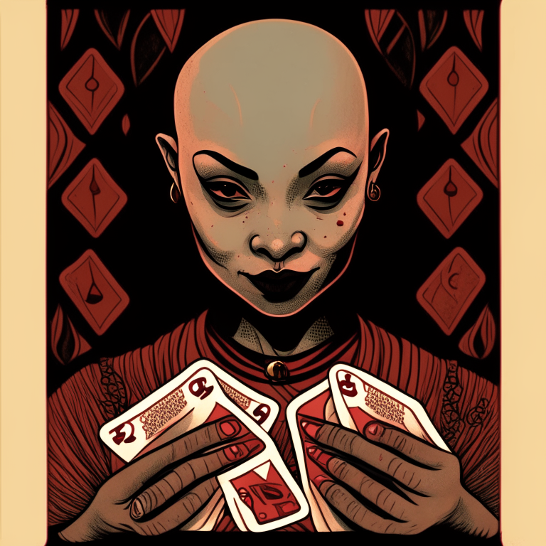 A bald girl with a septum piercing and a tattoo on her face. Stacking playing cards at a bar. Done in a hard-lined colored chalk style using off blacks, browns, reds and skin tones.