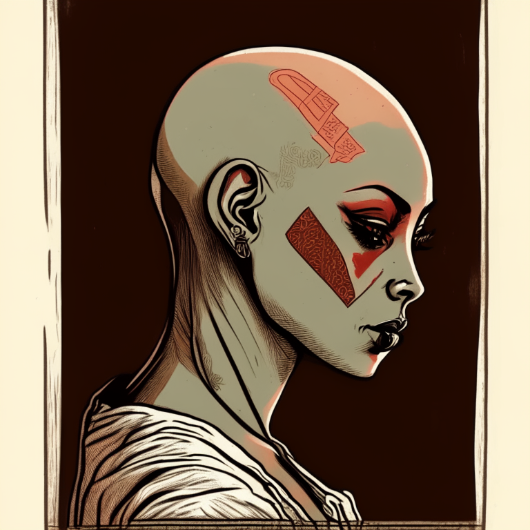 A profile view of a bald girl with a septum piercing and a tattoo on her face. Stacking playing cards at a bar. Done in a hard-lined colored chalk style using off blacks, browns, reds and skin tones.