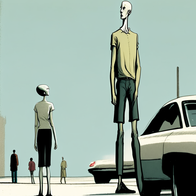 A tall lanky man watching a short bald woman walk to her car from a distance 