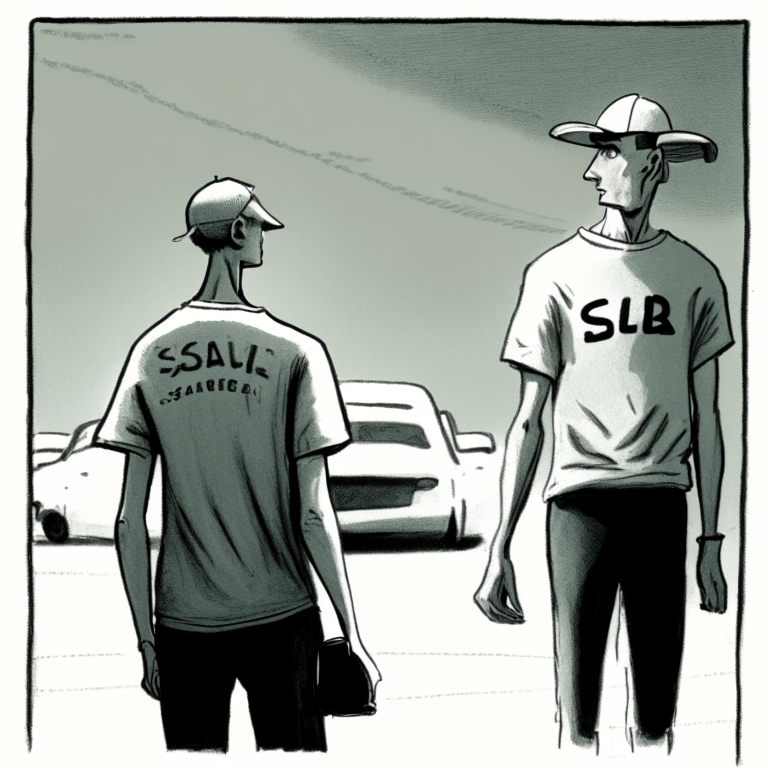 A tall lanky man with a baseball cap labeled "S" watching a short bald woman walk to her car from a distance 